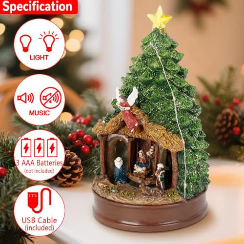 Nativity Scene Figurines with LED Lights & Music - Christmas Tree & Rotating Display - Variation: Christmas Tree Nativity House