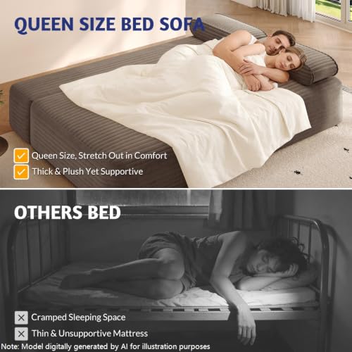 Queen Size Corduroy Convertible Sleeper Sofa Bed with 3 Pillows