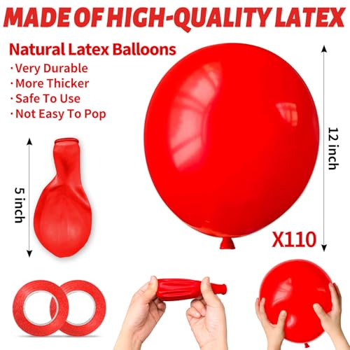 Red Latex Balloons 12 Inch 110pcs Party Decorations with Ribbons