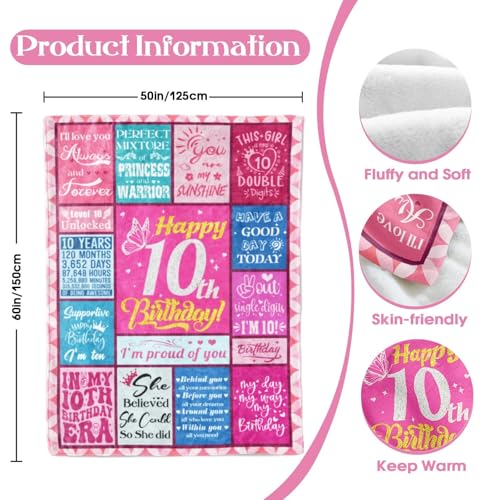 10th Birthday Gift Blanket for Girls - 50" x 60" Soft Keepsake Throw
