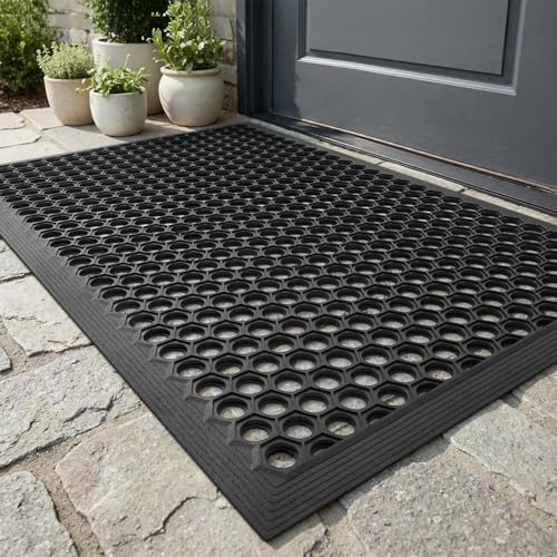 Heavy Duty Rubber Door Mat 17x30 Inch - Non-Slip Waterproof Outdoor Doormat