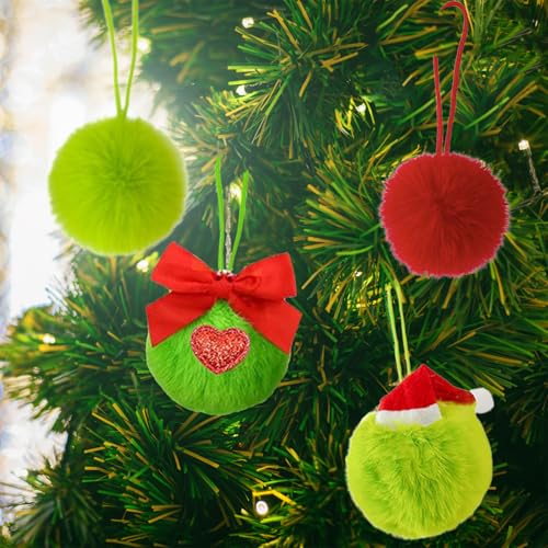 Lime Green Furry Christmas Balls Ornaments with Santa Hat - 6 Pack (Chewarelly) Lime Green Santa Hat – 6