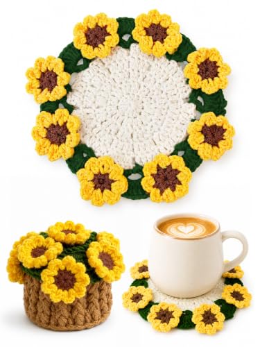 Sunflower Crochet Flower Coasters 4-Piece Set - Cotton Home Decor Gift