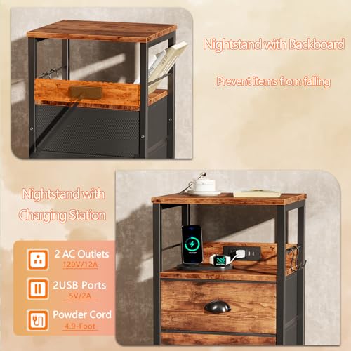 Industrial Nightstand with Charging Station, 2 Fabric Drawers & USB Ports