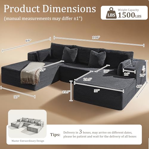 108" Oversized Modular Cloud Sectional Sofa with Chaise and Ottoman
