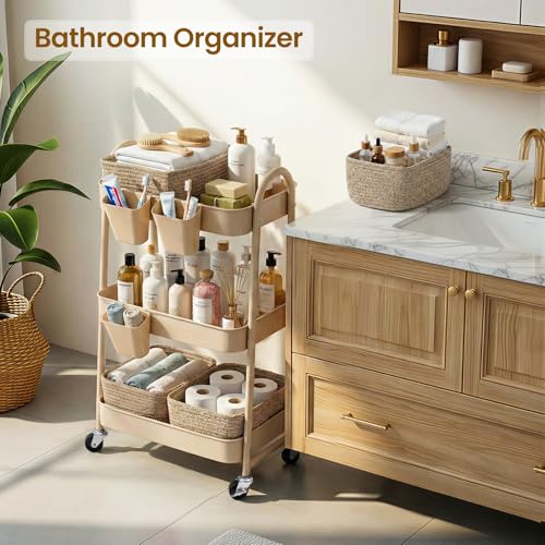 Rolling Utility Cart with 4 Woven Baskets & Lockable Wheels, Brown