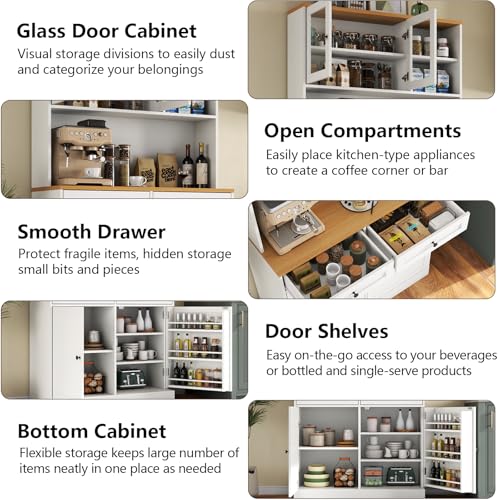Tall Kitchen Pantry Cabinet with Microwave Stand and Glass Doors