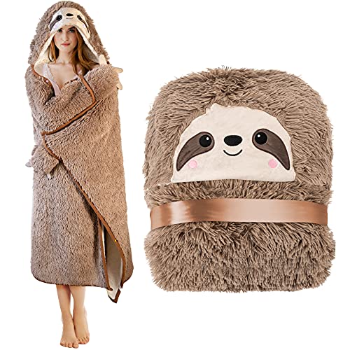 Sloth Wearable Hooded Blanket, Plush Faux Fur Sherpa Throw Cloak Wrap