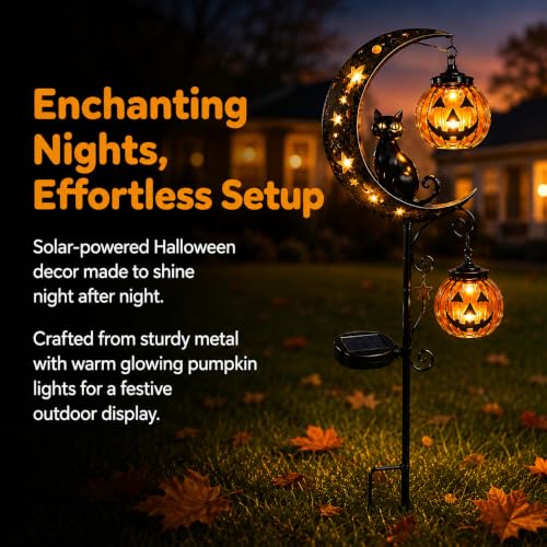 Solar Halloween Black Cat & Pumpkin Moon Stake Light, Outdoor Metal LED Decor