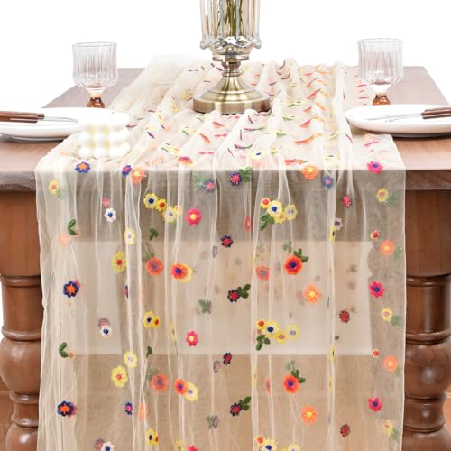 Embroidered Daisy Tulle Table Runner 10ft Floral Table Decor for Weddings