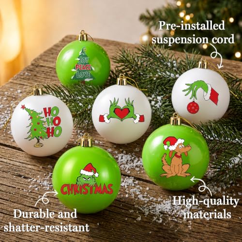 12-Pack White & Green Christmas Ornaments 2.36in - Pre-Assembled Plastic Balls