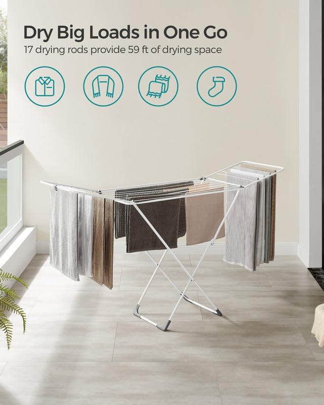 SONGMICS Clothes Drying Rack - Foldable Metal Laundry Airer for Indoor/Outdoor Use | Space-Saving Design, White