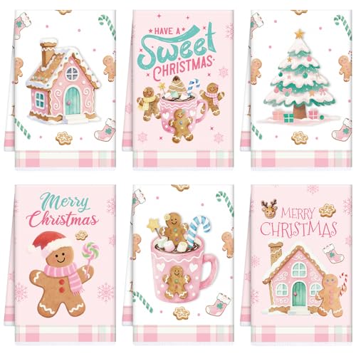 Gingerbread Pink Christmas Kitchen Towels Set of 6 - Holiday Housewarming Gift