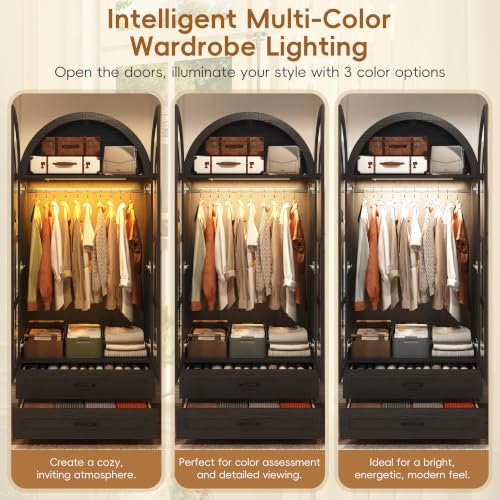 75" Arched Armoire Wardrobe with Glass Doors, 2 Drawers and LED Light