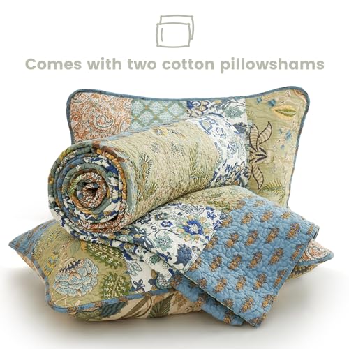 Secgo Queen Comforter Set 100% Cotton Sage Bedspread with Pillow Shams - Reversible Lightweight Bedding, 90x98 Inches