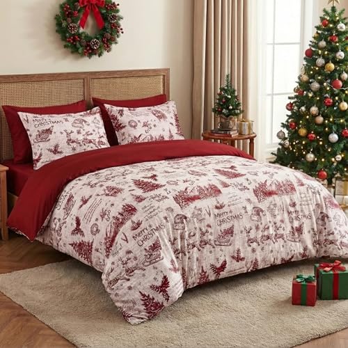 CAROMIO Christmas Duvet Cover Set King Red 104x90 - Soft Microfiber Bedding