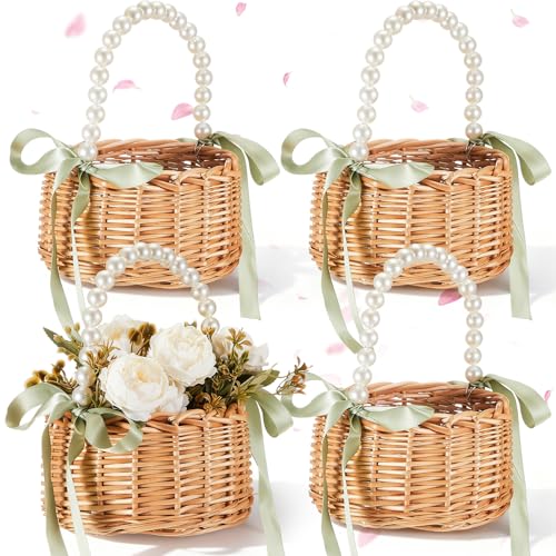 4 Pcs Wicker Flower Girl Baskets with Handles, Pearls and Green Ribbon