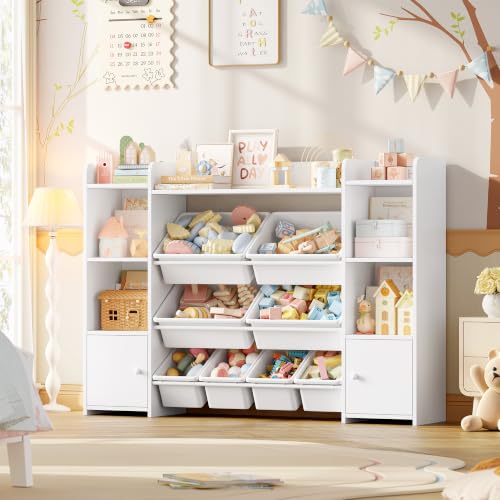 Kids Toy Storage Organizer with 8 Bins, Bookshelf and Cabinet, White