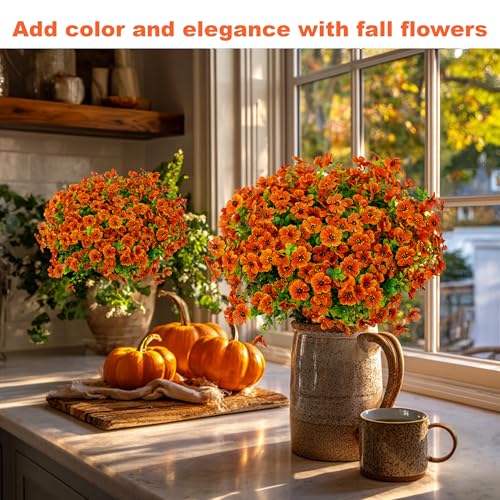 Artificial Fall Mums Outdoor UV Resistant Silk Flowers - 16 Pack, Red Orange