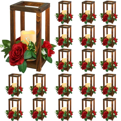 Hushee 60-Piece Wooden Wedding Lantern Centerpieces, Brown & Red with 20 LED Candles