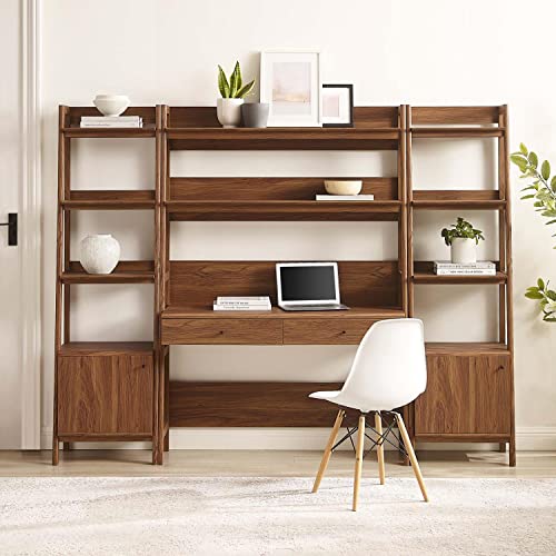 Modway Walnut 3-Piece Office Desk and Bookshelf Set - Modern Home Office Furniture