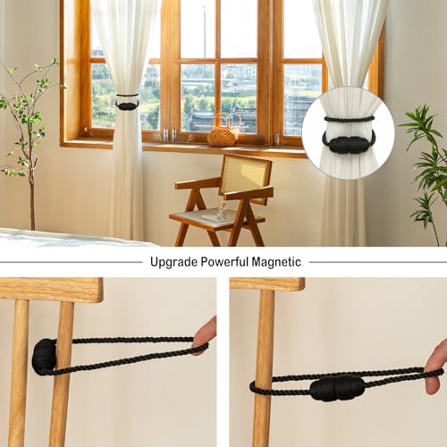 Magnetic Curtain Tiebacks - 4 Pack Decorative Rope Curtain Holdbacks, Black