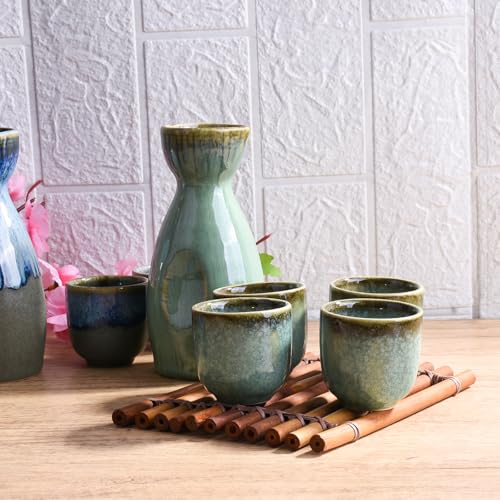 Swlthwen Green Japanese Sake Set of 5 Ceramic Pot & Cups - 300ml with 4 x 50ml Cups