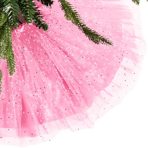 Skylety 36" Pink Christmas Tree Skirt with Ruffle Tulle & Glitter, Double Layer