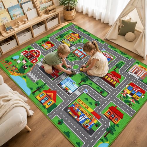 City Road Map Play Rug for Kids - 59 x 39.4 Inch Non-Slip Playmat