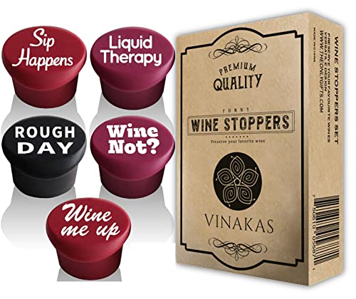 Vinakas 5-Pack Silicone Wine Stoppers - Fun, Witty Wine Gift Set for Men & Women
