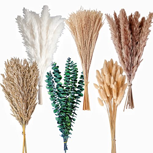 110 Pcs Boho Dried Pampas Grass Bouquet with Eucalyptus & Bunny Tails