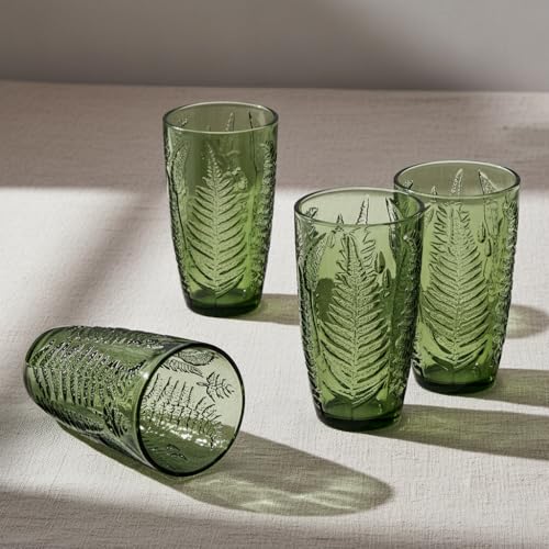 Green Glass Drinking Set of 4 16 oz Vintage Fern Glassware - Dishwasher Safe