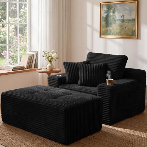 66" Oversized Corduroy Chaise Lounge Chair with Ottoman, Deep Seat