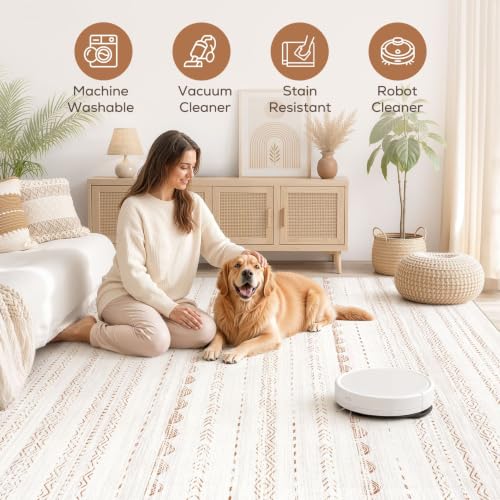 5x7 Boho Moroccan Area Rug - Machine Washable Non-Slip Carpet (Beige/Brown)