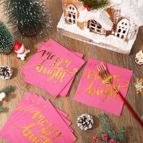 Whaline 80-Pack Pink & Gold Merry Christmas Napkins 6.5x6.5in (13x13in unfolded)
