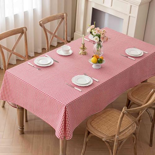 Nanko Red & White Gingham Rectangle Tablecloth 59 x 84 in - Machine Washable, Water-Resistant, Farmhouse Holiday