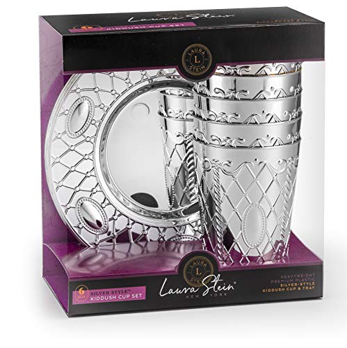 Disposable Plastic Kiddush Cups with Trays, 6 Pack Silver Wine Goblets