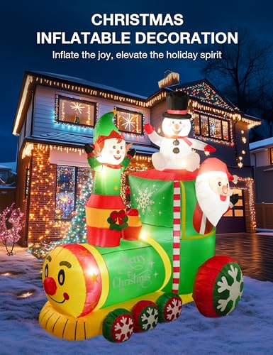 NIORSUN 6FT Inflatable Christmas Train with LED Lights, Santa, Elf & Snowman Yard Decor
