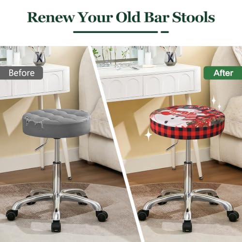 YISUN Round Bar Stool Covers 16-18 in Set of 2 – Red Buffalo Plaid Snowman Reindeer Holiday