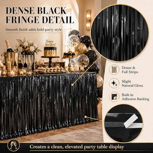 4-Pack Black Foil Fringe Table Skirt, Metallic Tinsel Party Decorations