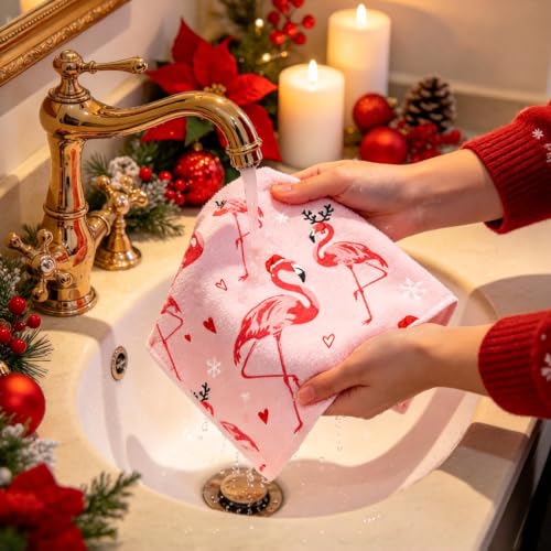 Christmas Flamingo Hand Towels - Soft Holiday Kitchen & Bathroom Decor, 13.6 x 29 Inch