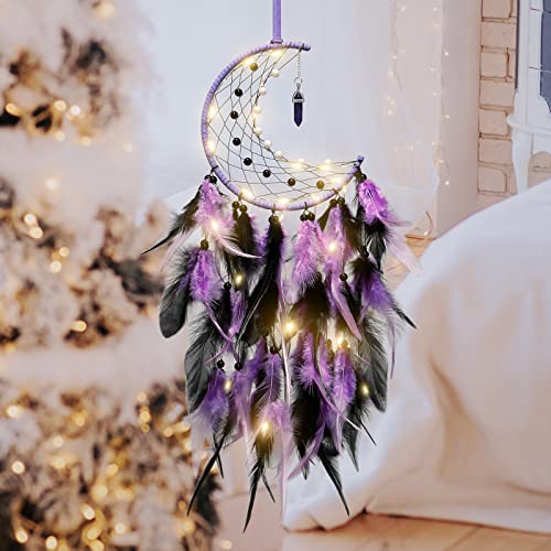 Handmade Purple Moon Dream Catcher with Fairy Lights Wall Hanging Decor