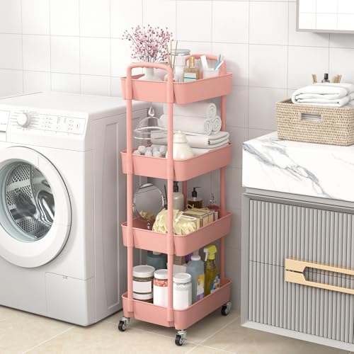4-Tier Plastic Rolling Utility Cart with Handle & Lockable Wheels, Pink