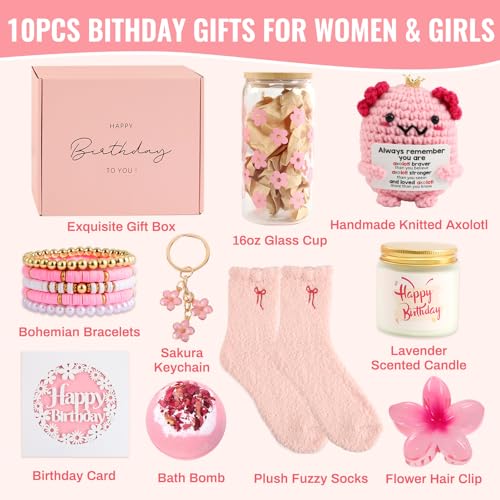 Pink Birthday Gift Basket for Teen Girls and Women - 9pcs Cute Axolotl Set