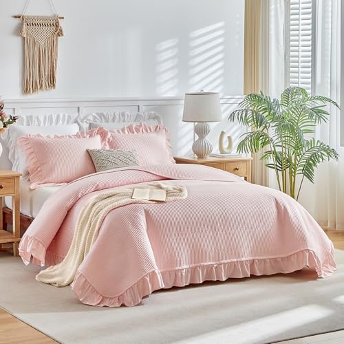 Pink Ruffled Quilt Set, Twin Size Lightweight Farmhouse Bedspread with Sham