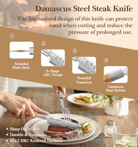 HEZHEN 5.3" Damascus Steel Steak Knife Set with Fork & Olive Wood Handle