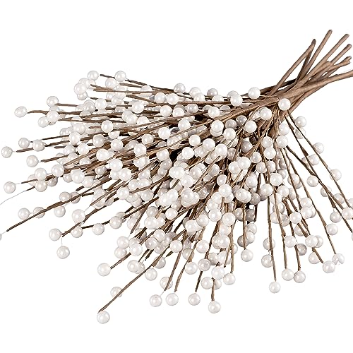 Sggvecsy 15Pcs White Holly Berry Stems - Artificial Red Berries with Pearl Finish, 16in Christmas Picks