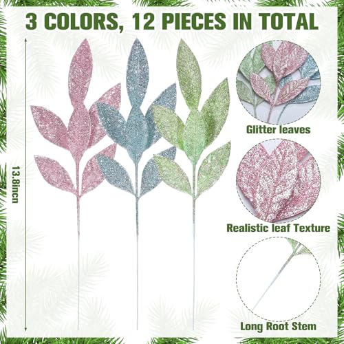 Janinka 24 Pcs Pastel Christmas Artificial Leaf Picks Macaron Tree Decor (Pastel Pink/Blue/Green)