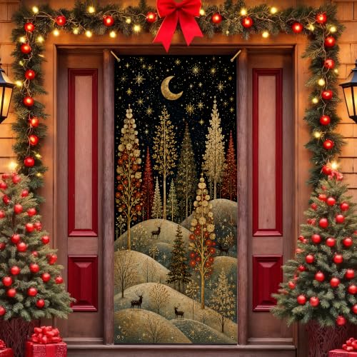 JINYO Whimsical Christmas Tree Reindeer Door Cover — 35x79 in, Festive Curtain