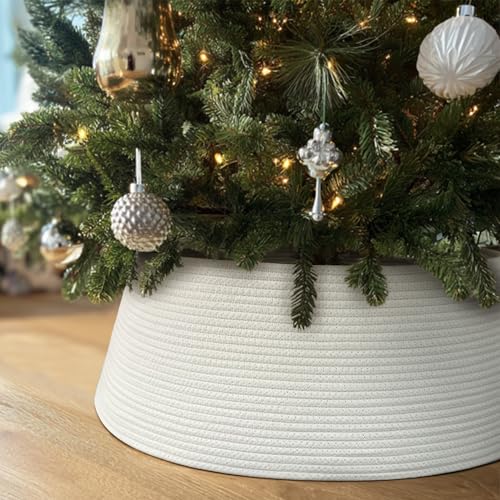 28 Inch White Christmas Tree Collar - Modern Cotton Rope Tree Ring for 6-7.5 ft Stands